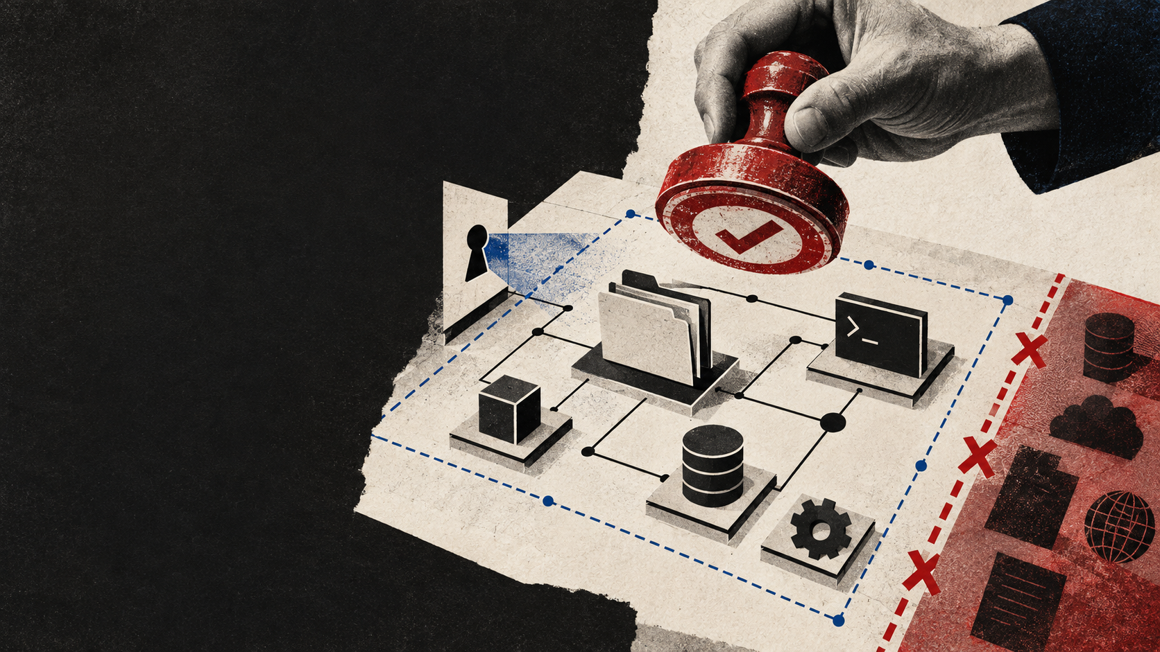 Editorial collage illustration of an AI coding agent action being approved within a defined tool boundary