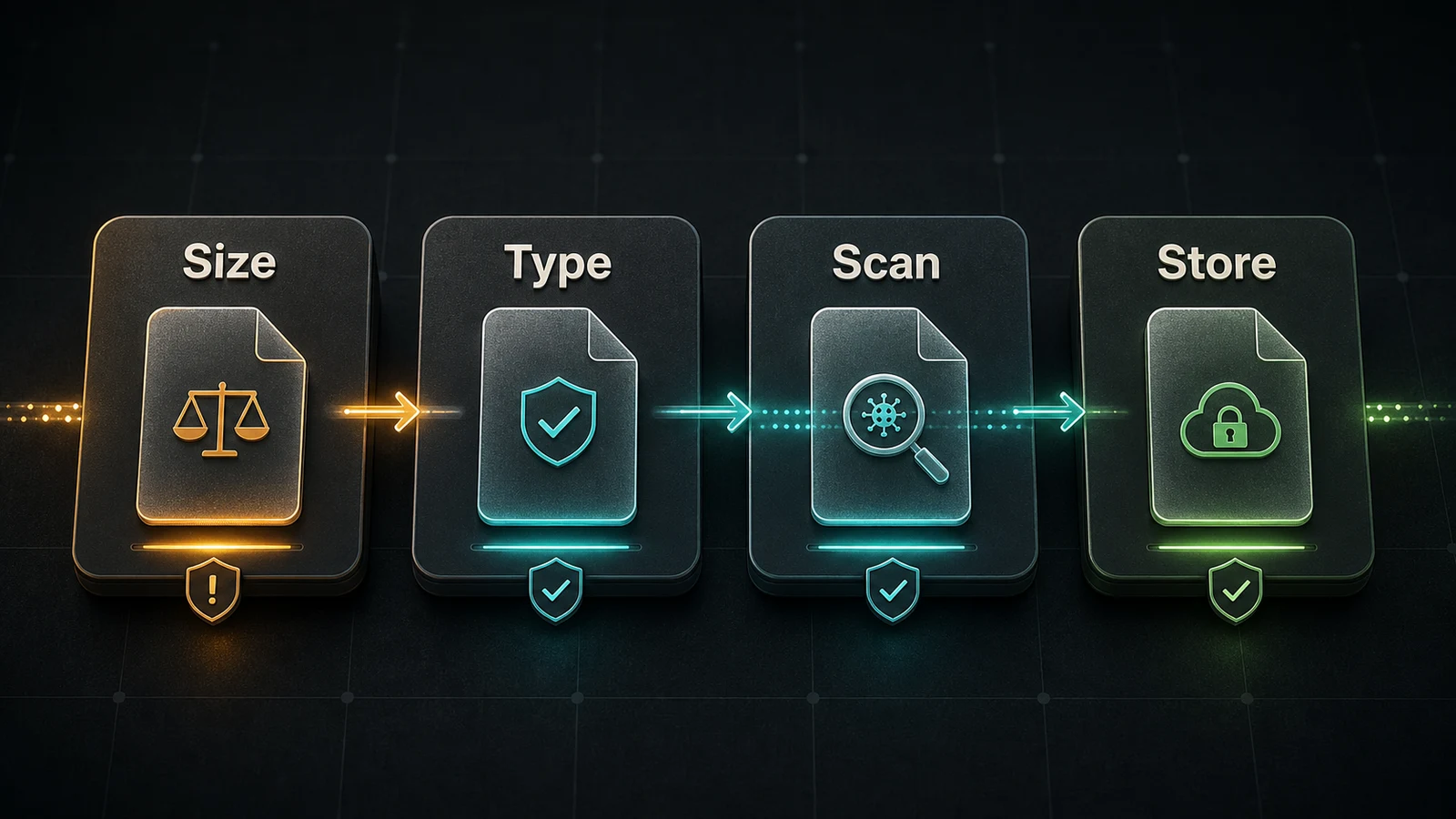 Illustration einer sicheren Upload Pipeline: Size, Type, Scan, Store