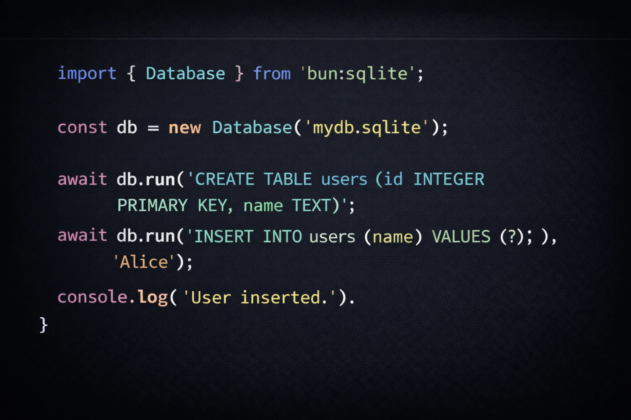 Code snippet showing bun:sqlite usage for a simple local database