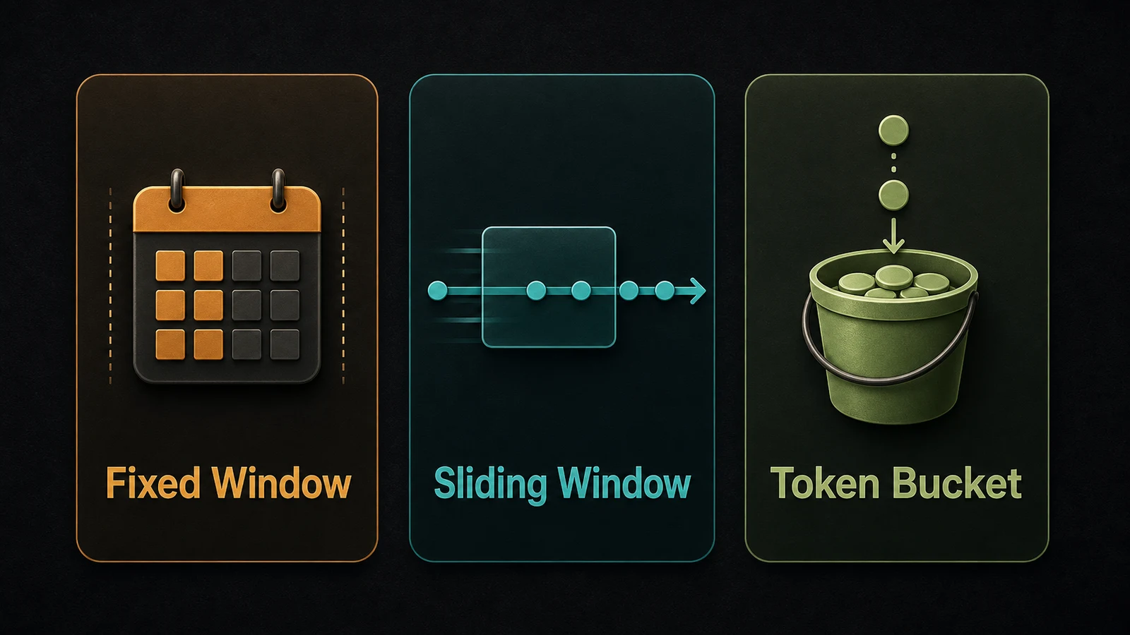 Illustration von Rate-Limiting-Algorithmen: Fixed Window, Sliding Window und Token Bucket