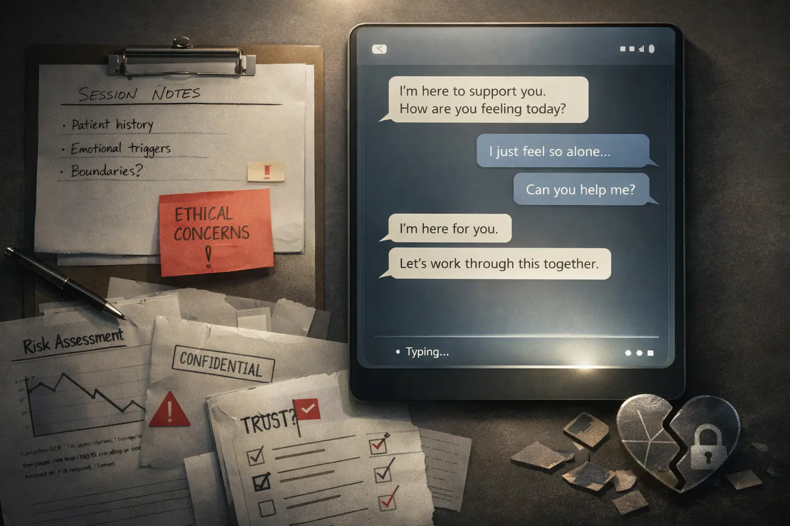 Editorial cover representing a conversational AI interface and mental health risk analysis