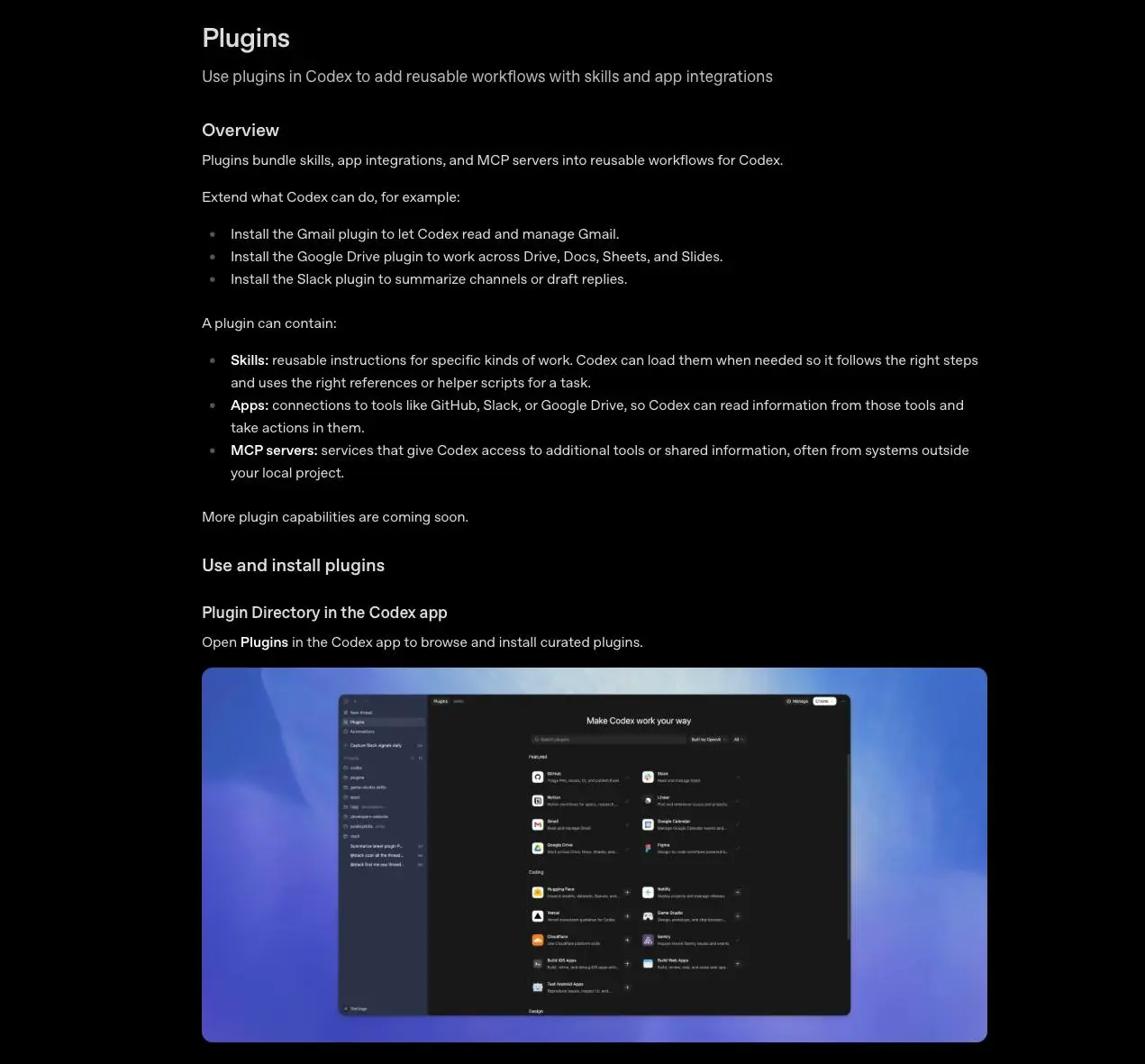 Poster-style graphic showing Codex plugins as a layer above skills, apps, and MCP servers
