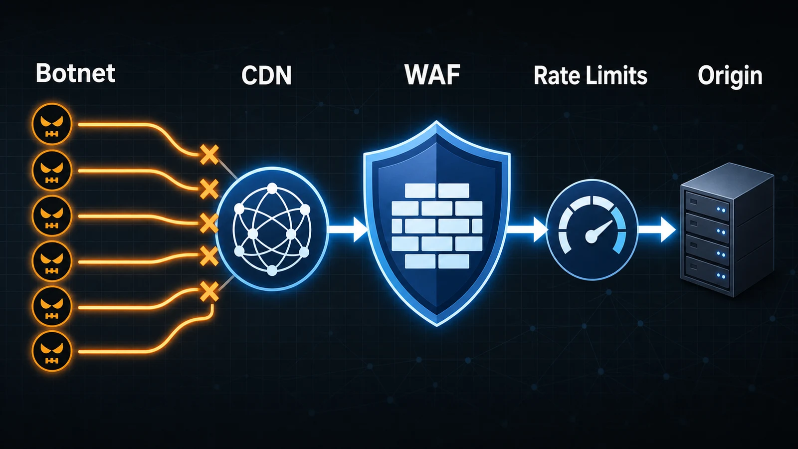 DDoS defense flow from botnet traffic to CDN and WAF controls before origin