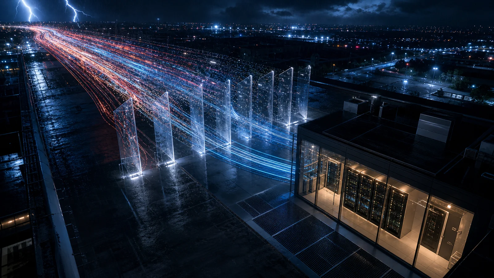 Dark abstract illustration of edge traffic filtering and DDoS protection
