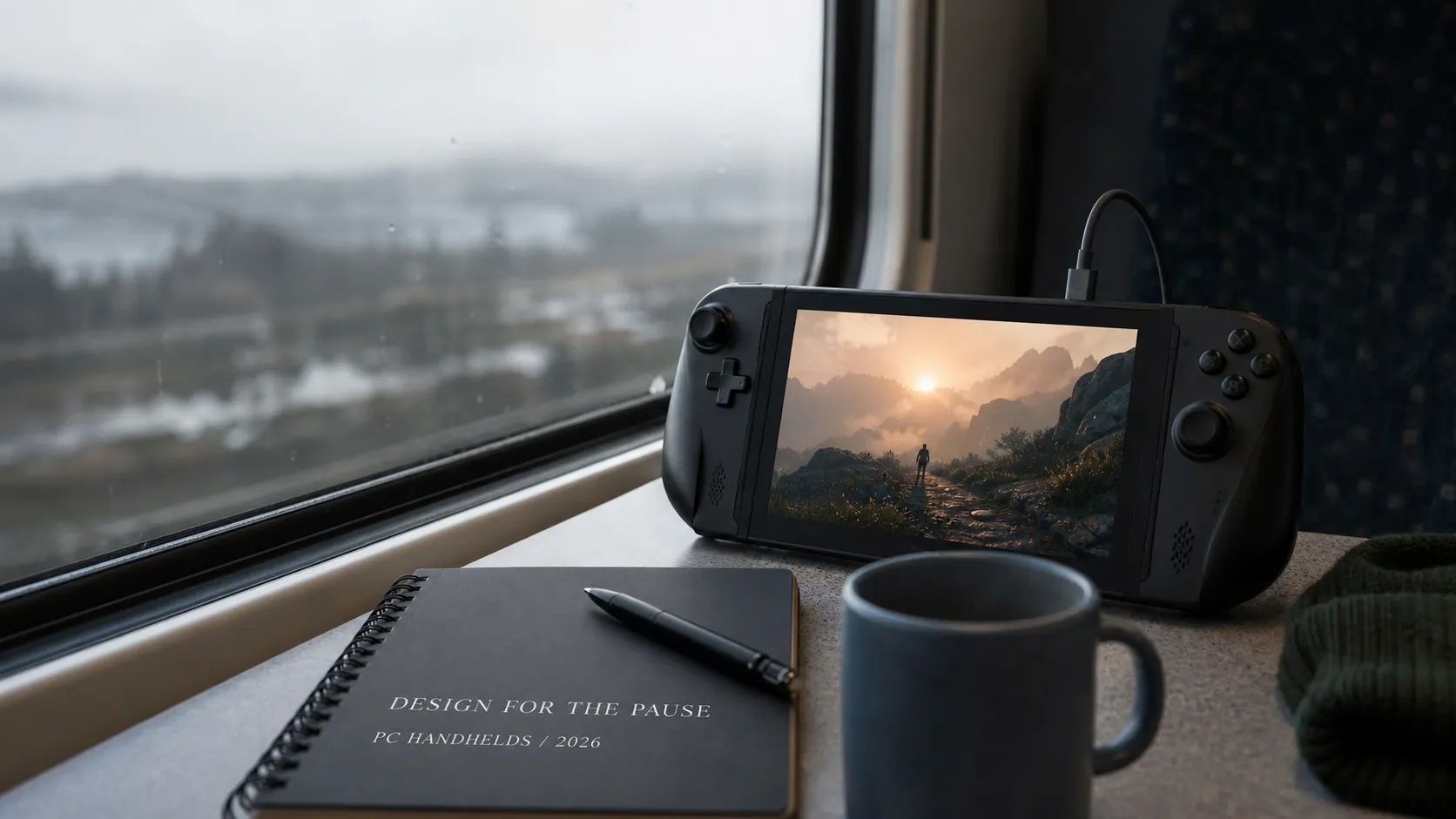 Editorial photograph of a handheld gaming PC beside a notebook on a train journey