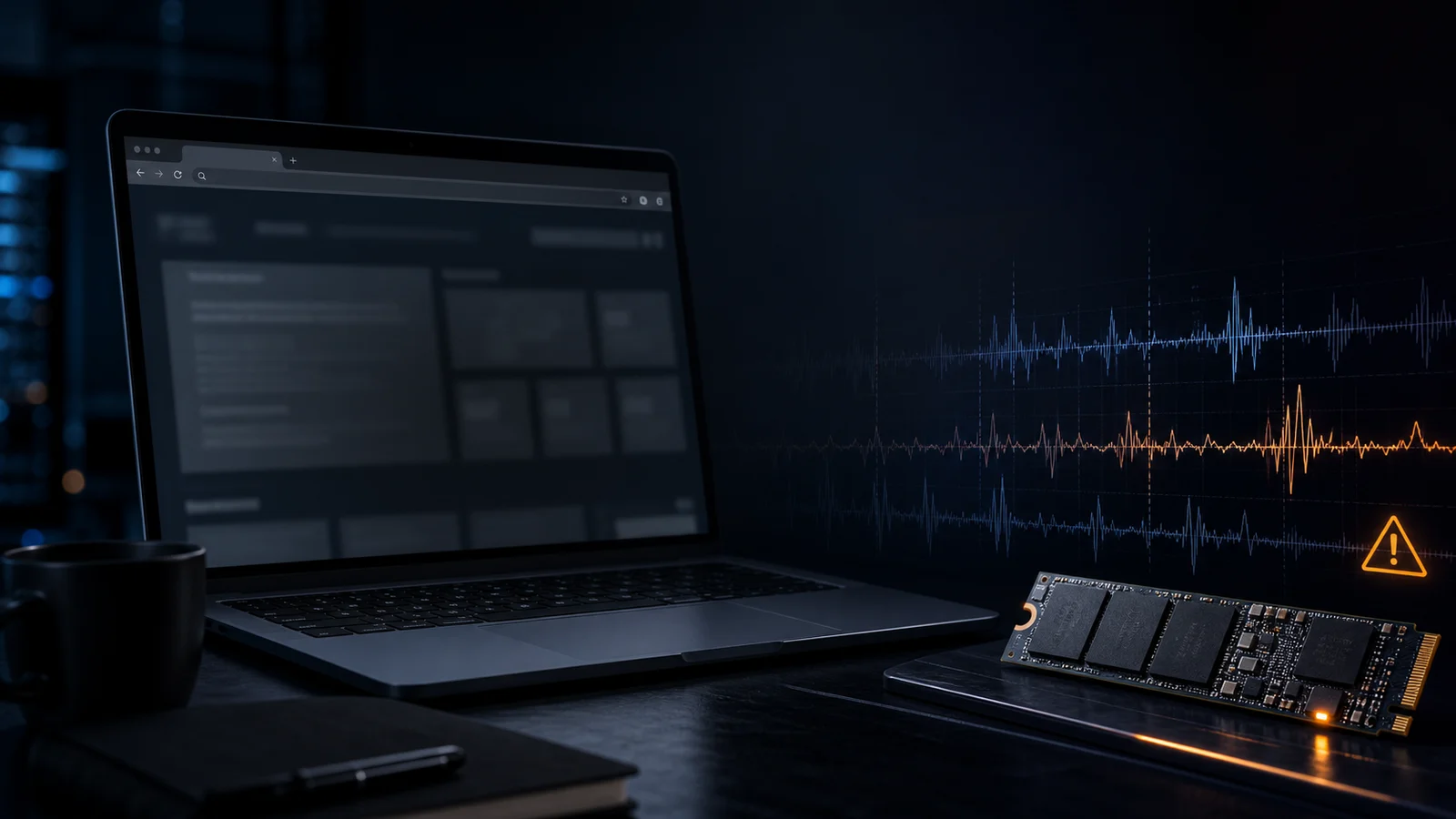 Темна технічна сцена з ноутбуком, NVMe SSD і хвилями timing traces як ілюстрація FROST side-channel атаки