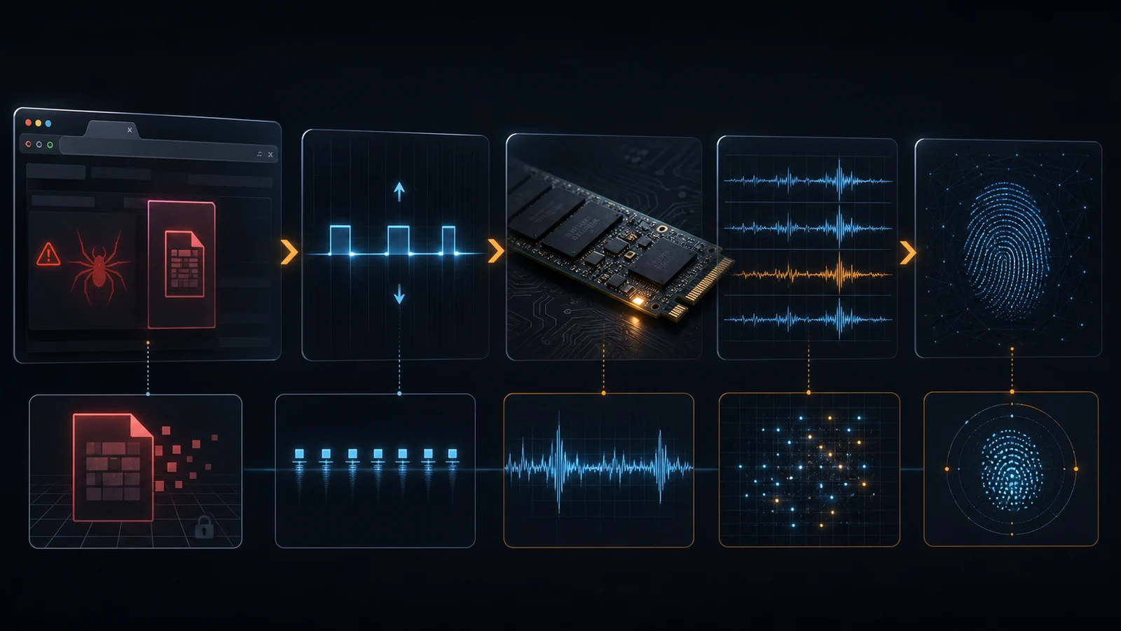 Схема FROST: сайт атакувальника, OPFS, SSD timing trace і класифікатор
