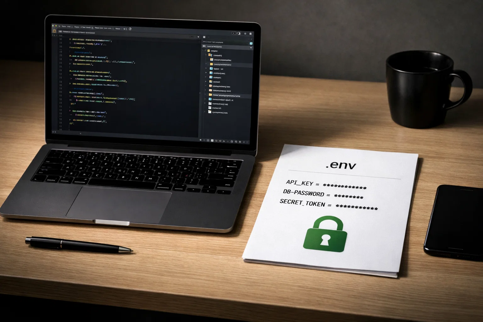 Editorial cover showing encrypted secrets in Git, per-service local env files, and a monorepo workflow around git-env-vault
