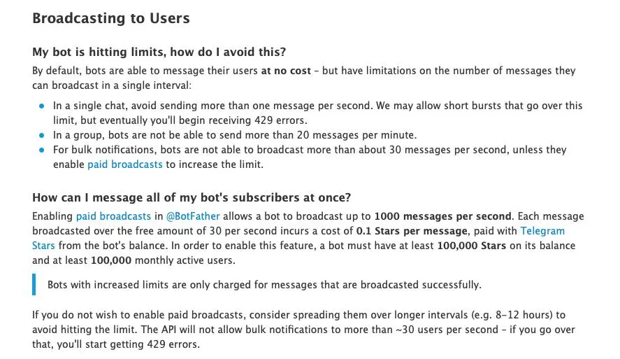 Bots FAQ snippet describing message and broadcast limits