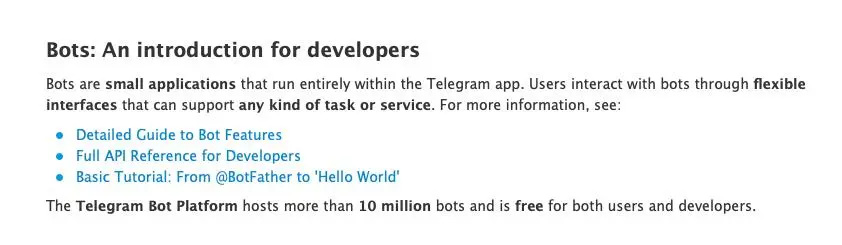 Telegram Bots intro page with 10+ million bots statement