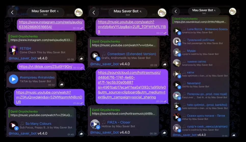 Screenshot of supported sources in Mau Saver, including YouTube Music, SoundCloud, Instagram audio, TikTok audio, and playlists