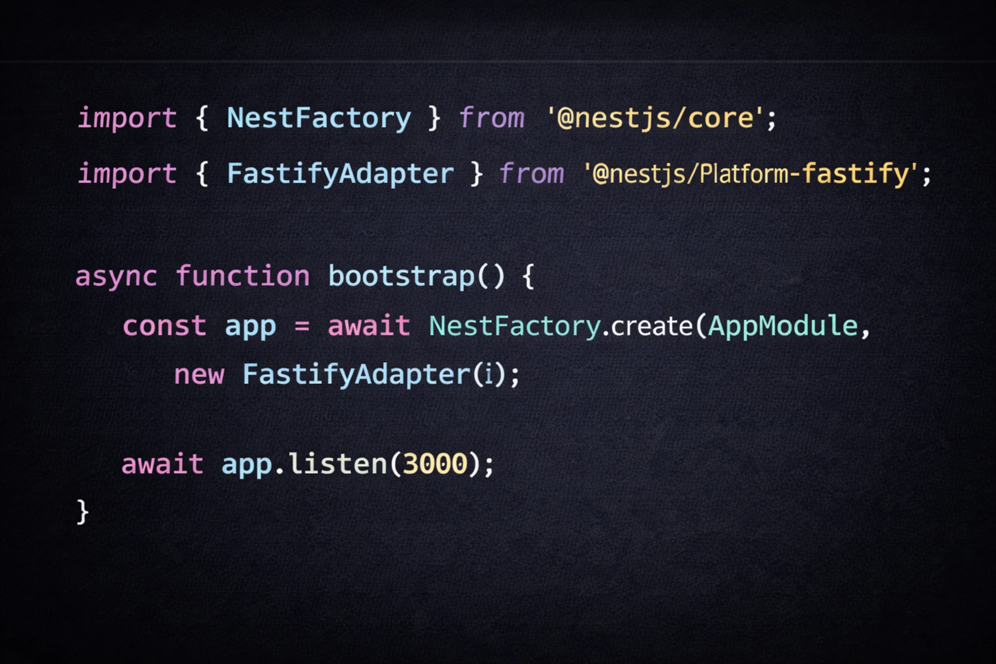 Code snippet showing NestJS Fastify adapter configuration in main.ts