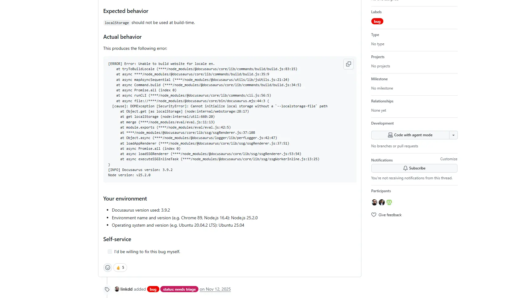 Docusaurus build broken on Node 25 with localStorage SecurityError