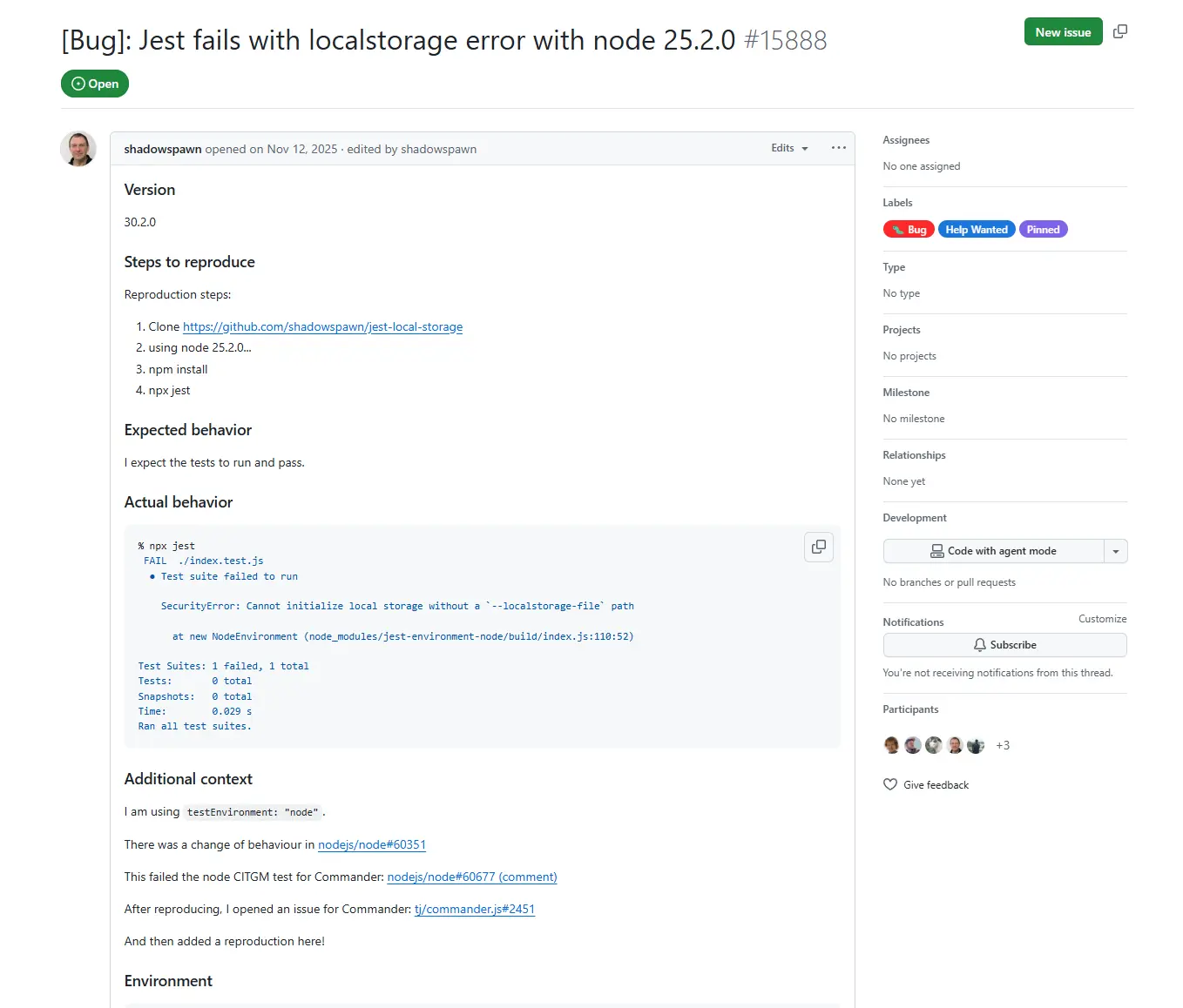 Jest issue #15888: localStorage SecurityError on Node 25.2.0