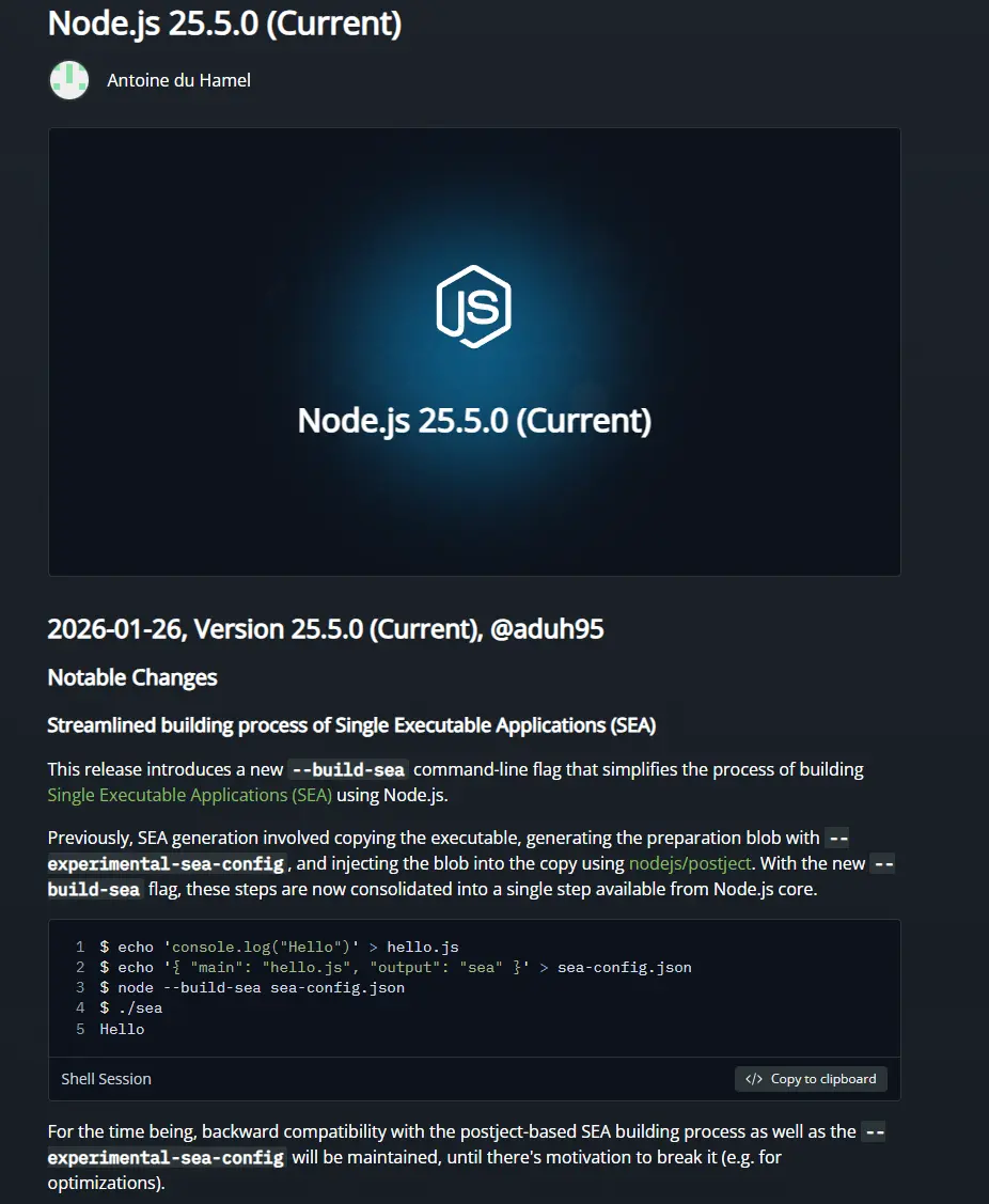 Node.js 25.5.0 release notes: build-sea flag for Single Executable Applications