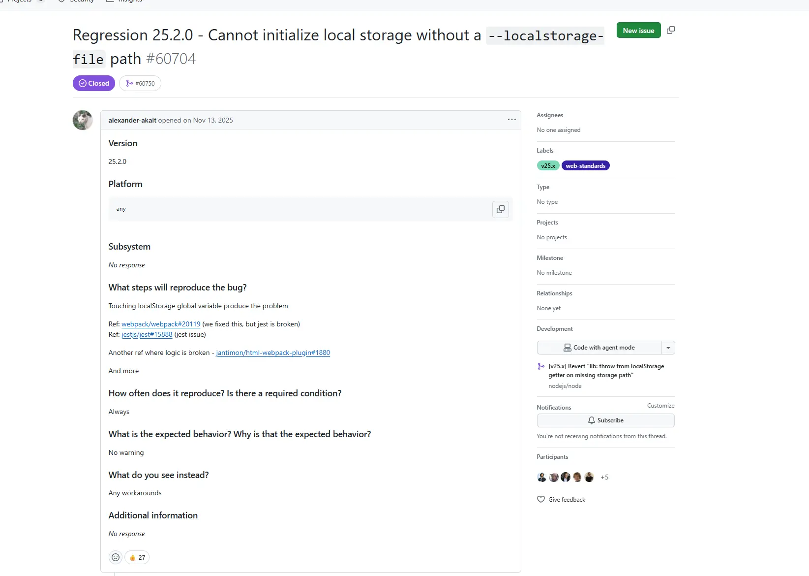 nodejs/node issue #60704 about localStorage regression in Node 25.2.0