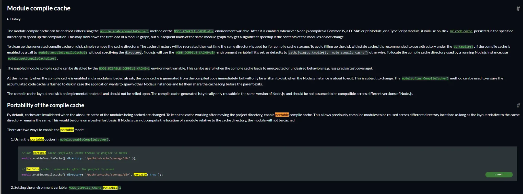 Node.js documentation: Module compile cache portability and portable mode