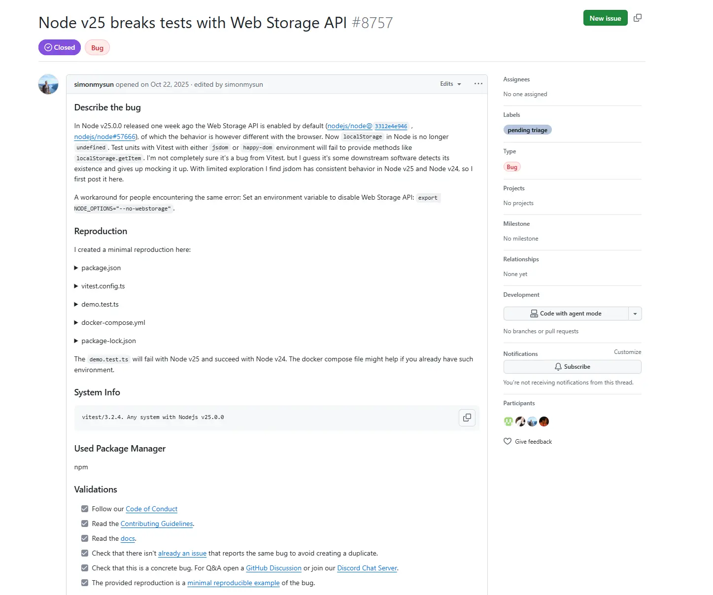 Vitest issue #8757: Node v25 breaks tests with Web Storage API
