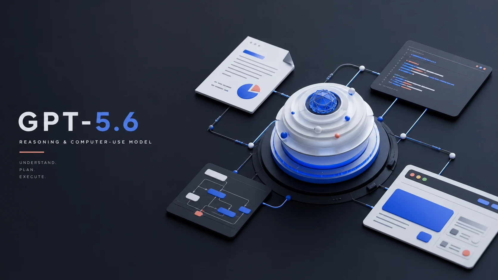 Абстрактна ілюстрація GPT-5.6 з робочими панелями та reasoning core
