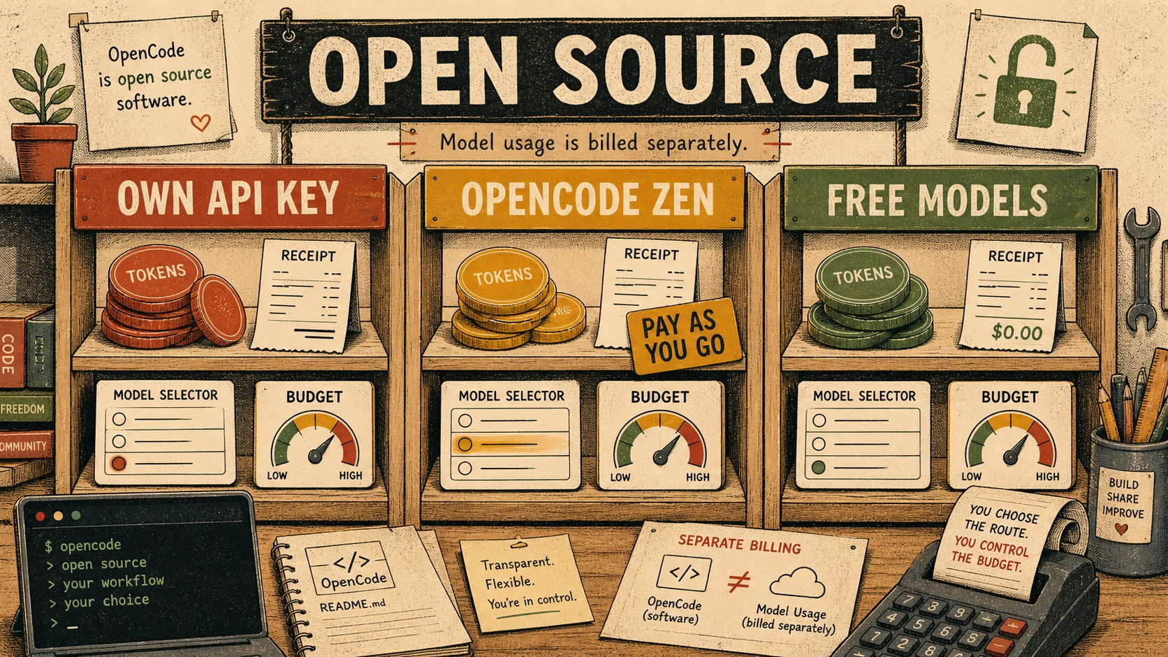 Illustrierter Vergleich von eigenem API-Key, OpenCode Zen und kostenlosen Modellen