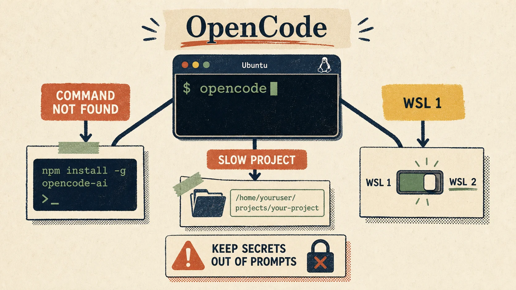 Troubleshooting-Karte für OpenCode unter Windows mit WSL