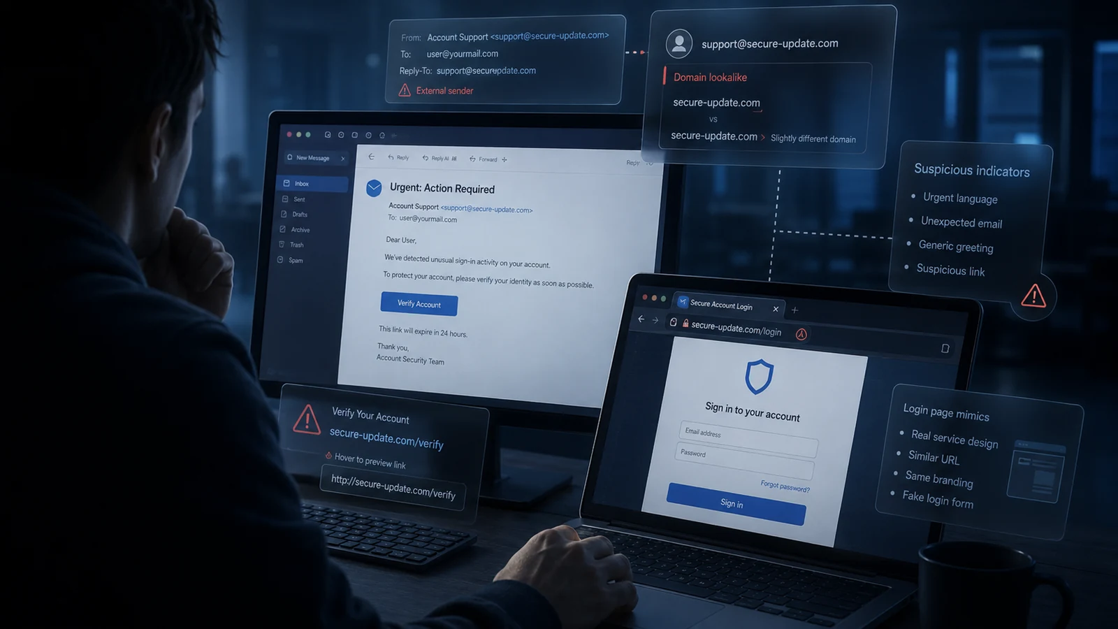 Analysis view of a phishing email leading to a fake login page with suspicious urgency, brand imitation, credential capture, and MFA-code request signals
