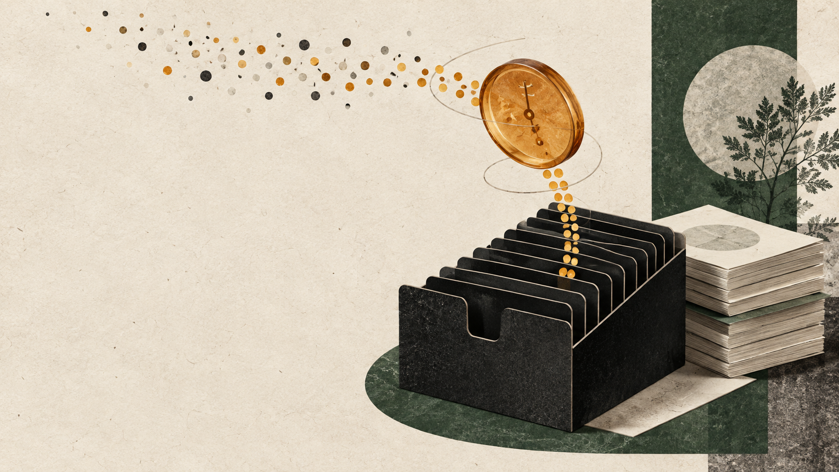 Editorial collage illustration of time-ordered identifiers entering a PostgreSQL index