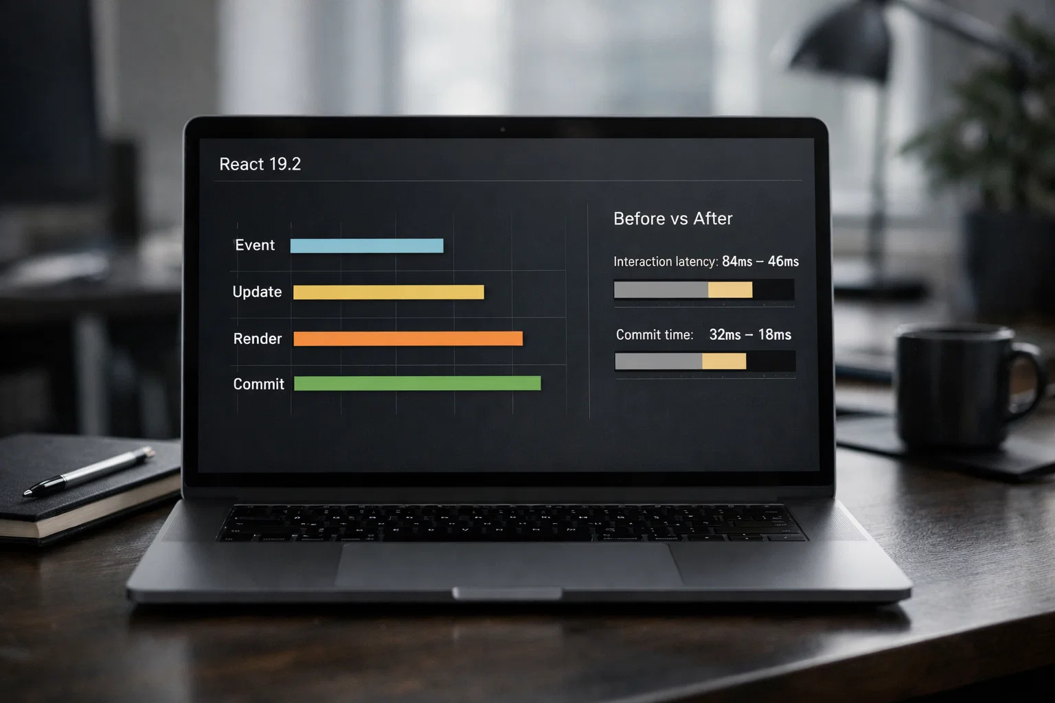 Notebook photo metaphor: React primitives and a compiler era—hand-drawn components, async arrows, and performance notes
