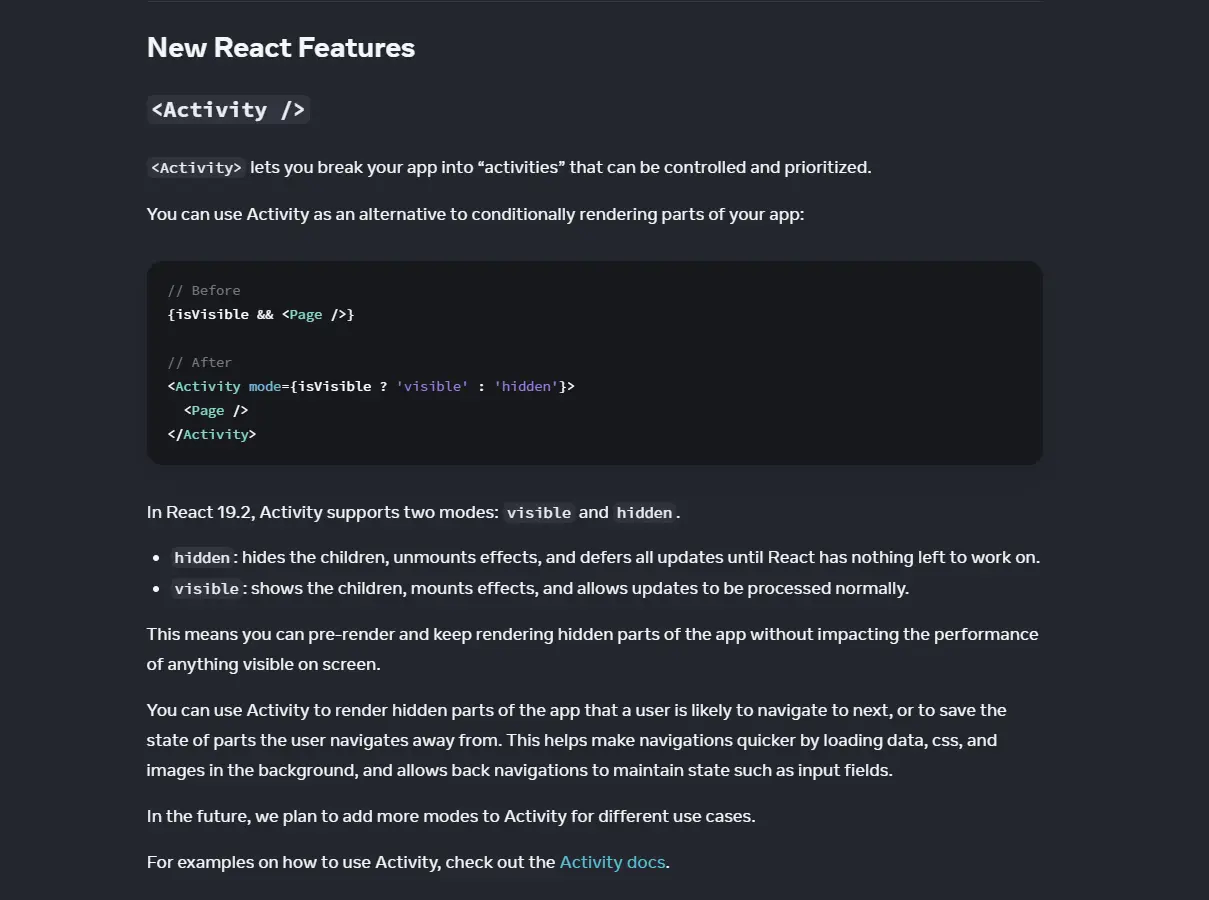 React 19.2 release post section describing <Activity /> modes and behavior.