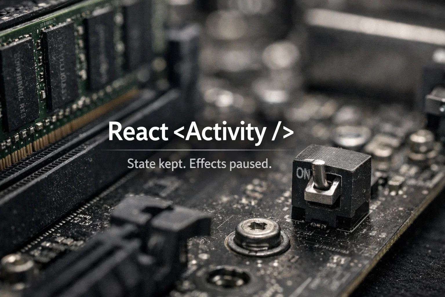 React <Activity /> preview image on a computer hardware background: “State kept. Effects paused.”