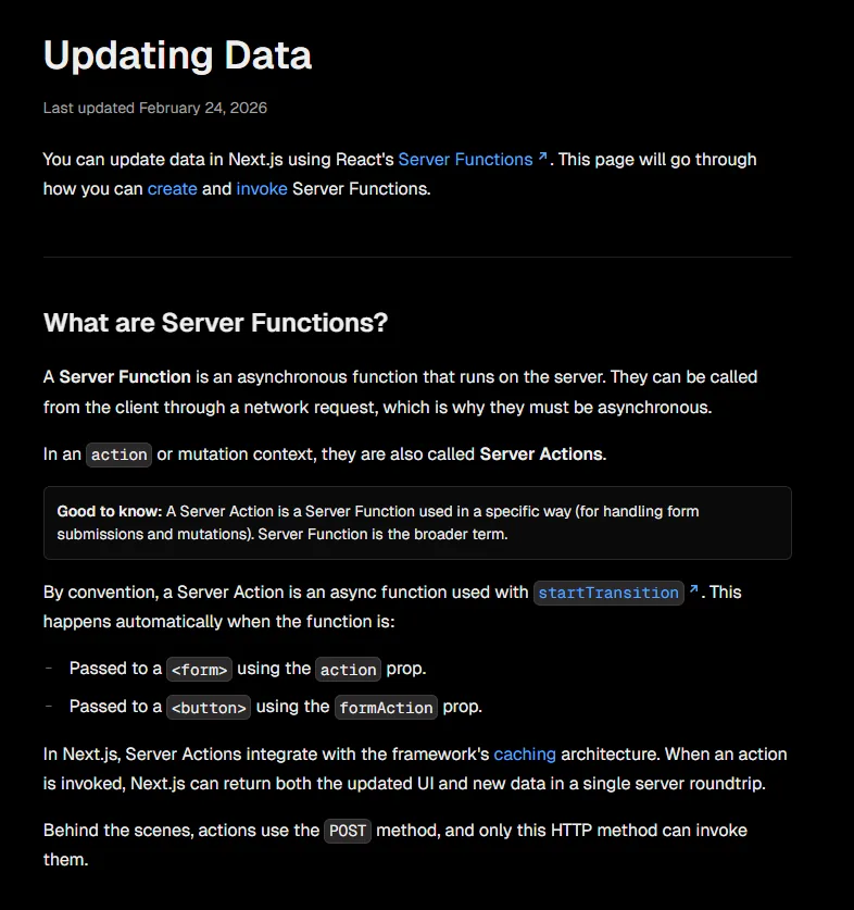 Next.js docs screenshot: Updating Data via Server Functions (Server Actions), automatic startTransition for action/formAction, caching integration, POST-only invocation