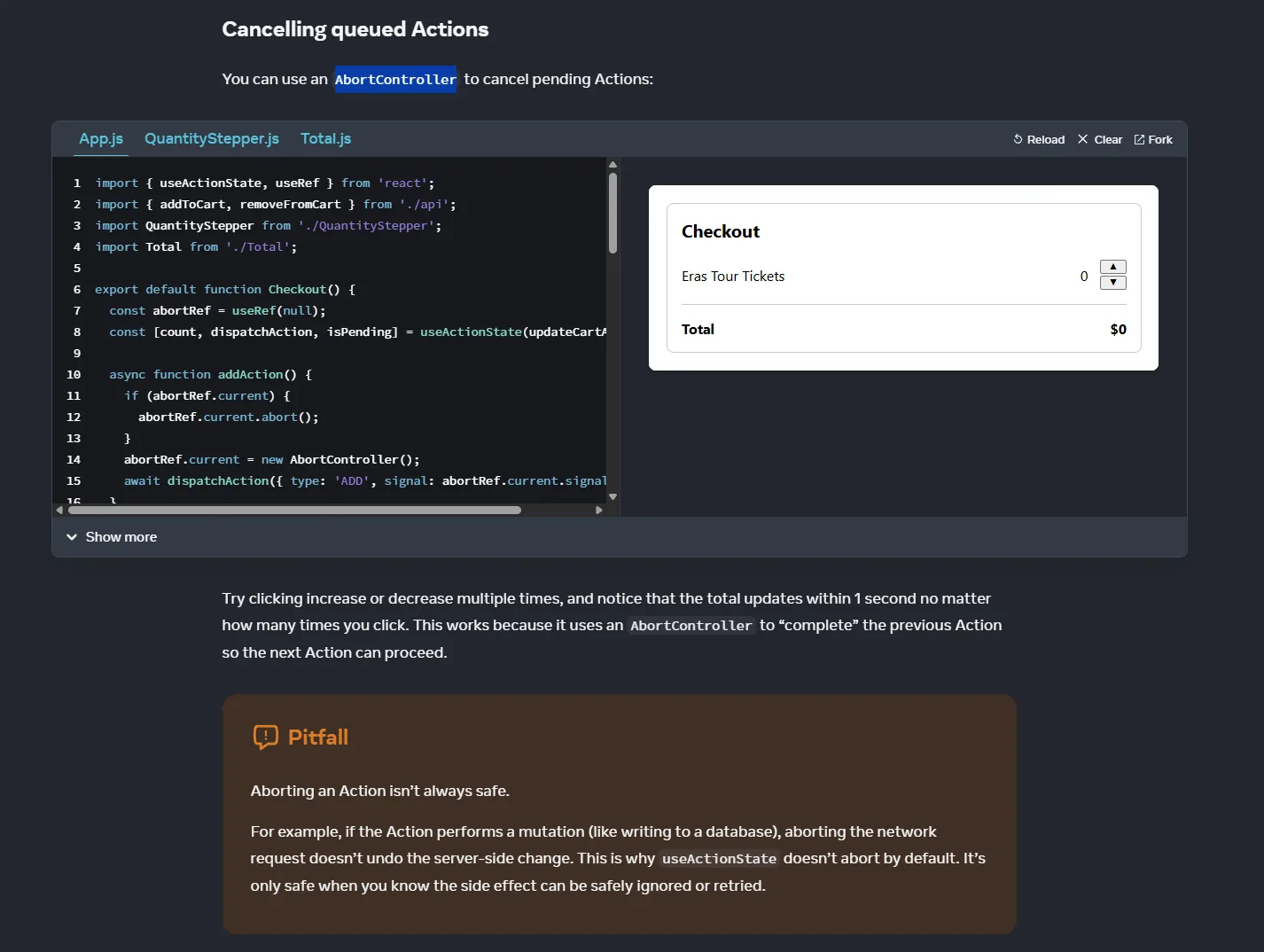 React docs screenshot: cancelling queued Actions with AbortController and a pitfall warning about aborting network requests not undoing server mutations