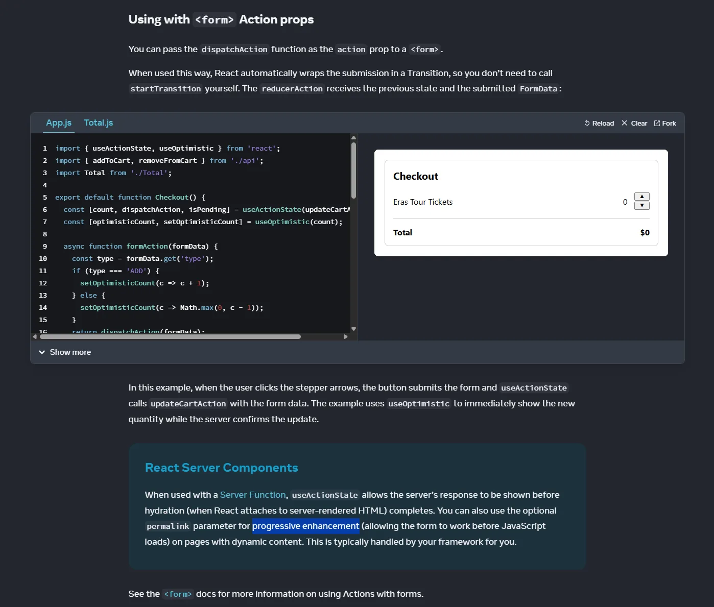 React docs screenshot: using dispatchAction with <form action>, React wraps submissions in a Transition, and notes about progressive enhancement with Server Functions