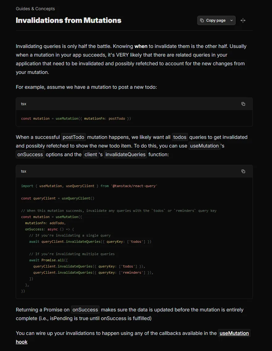TanStack Query docs screenshot: invalidations from mutations using onSuccess and invalidateQueries, including Promise.all for multiple keys