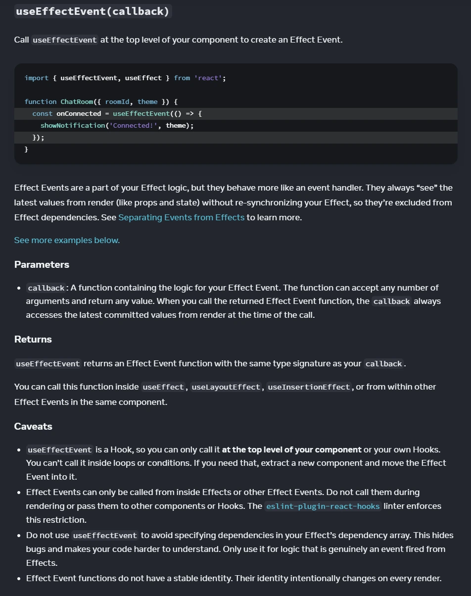 React custom Hooks docs screenshot showing how wrapping onReceiveMessage in useEffectEvent prevents reconnect churn