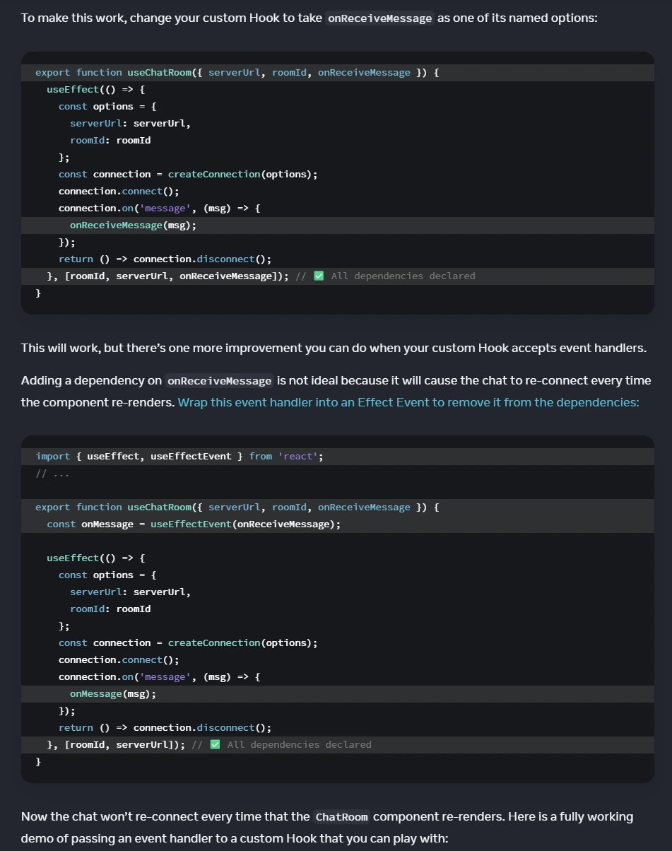 React useEffectEvent reference screenshot showing parameters, returns, and caveats for Effect Events