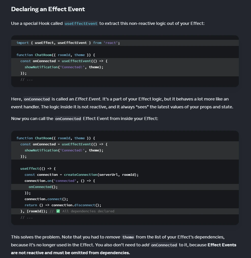 React Learn page screenshot explaining that Effects are an escape hatch and not every component needs one