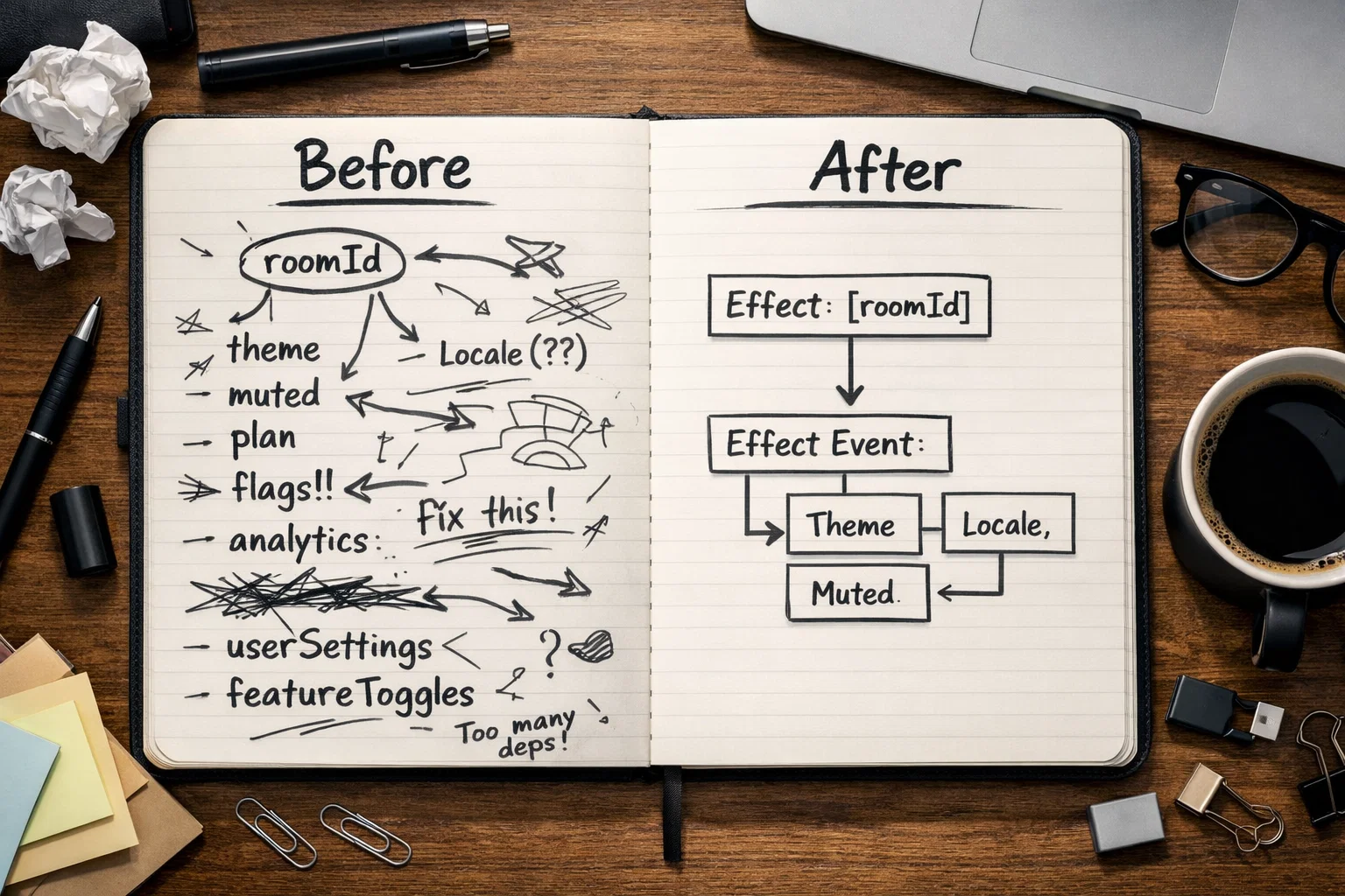 Notebook cover image showing a before-and-after dependency cleanup: chaotic Effect dependencies on the left and a clean split between Effect and Effect Event on the right