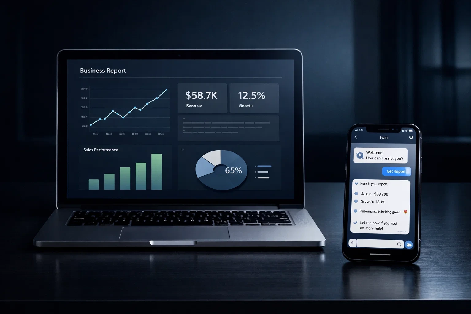 Dark executive office desk with a laptop showing business analytics and a phone with a Telegram bot chat