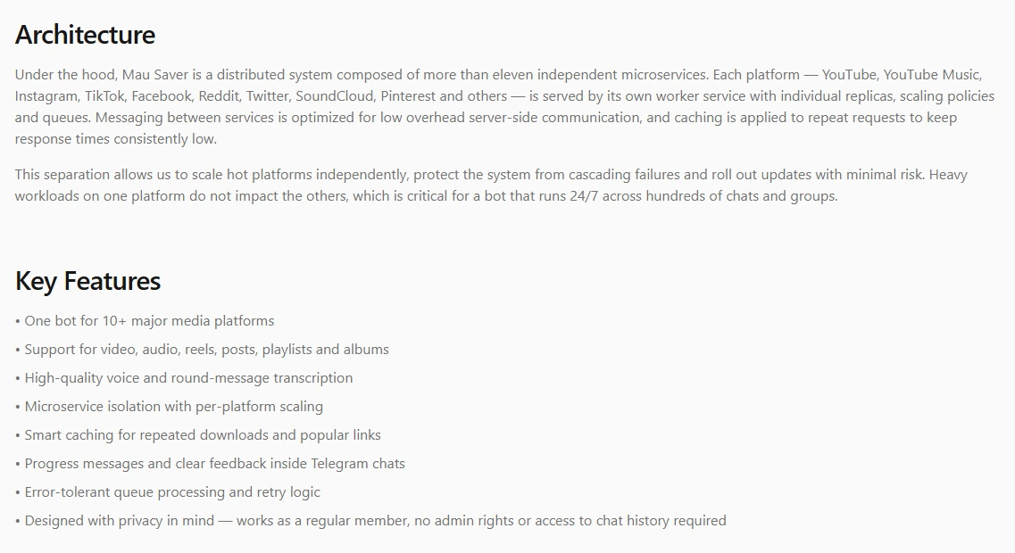 Mau Saver Bot architecture screenshot describing a microservice-based Telegram bot system