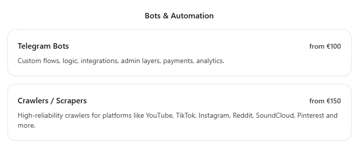 PAS7 Studio pricing screenshot showing Telegram bot development starting pricing