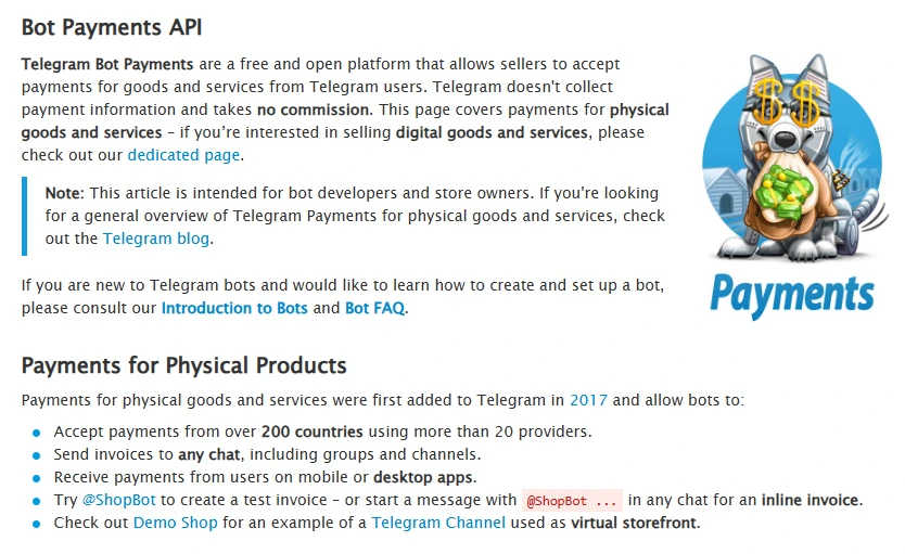 Telegram Bot Payments API screenshot noting that Telegram takes no commission