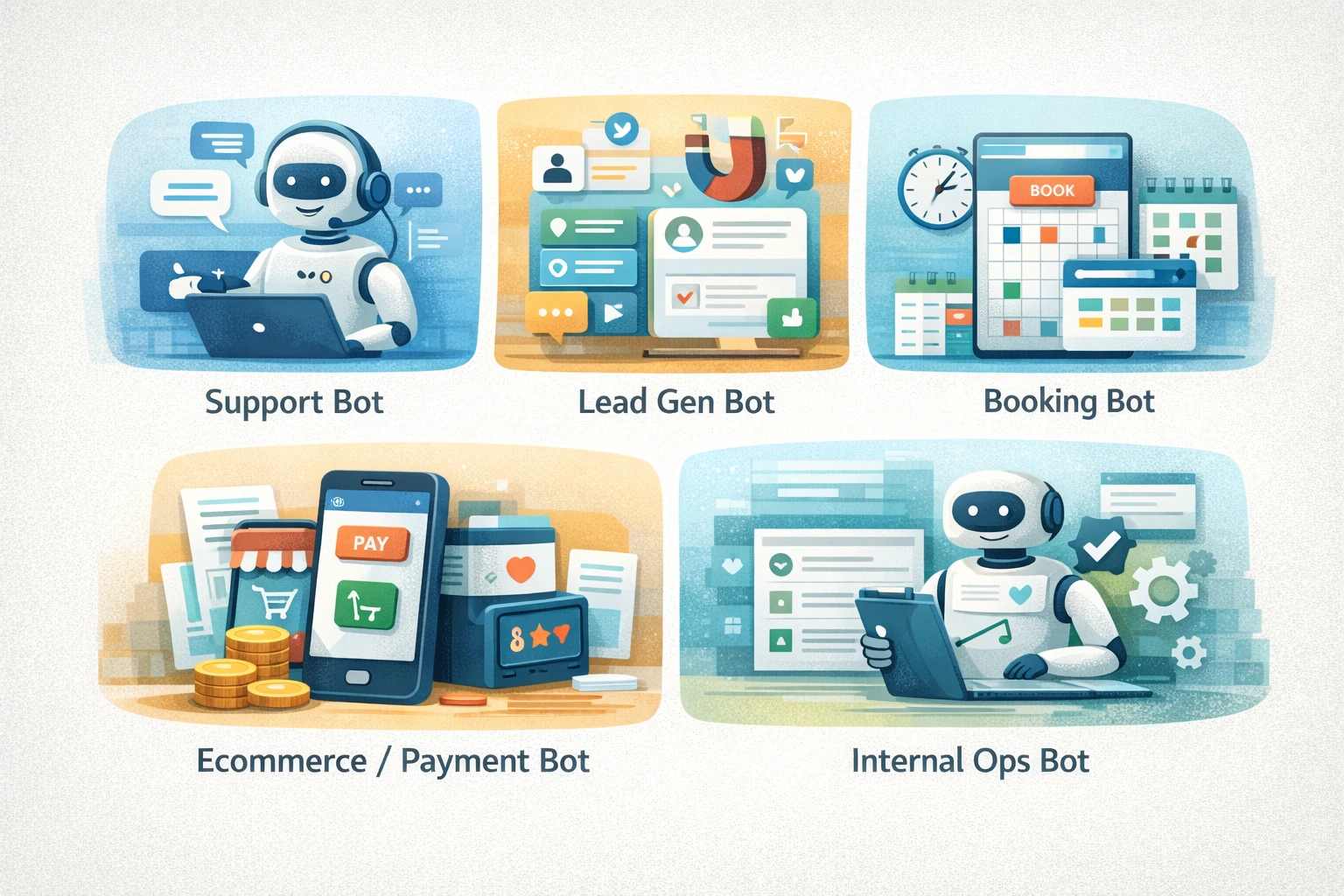 Illustration comparing support bots, lead generation bots, booking bots, ecommerce bots, and internal operations bots
