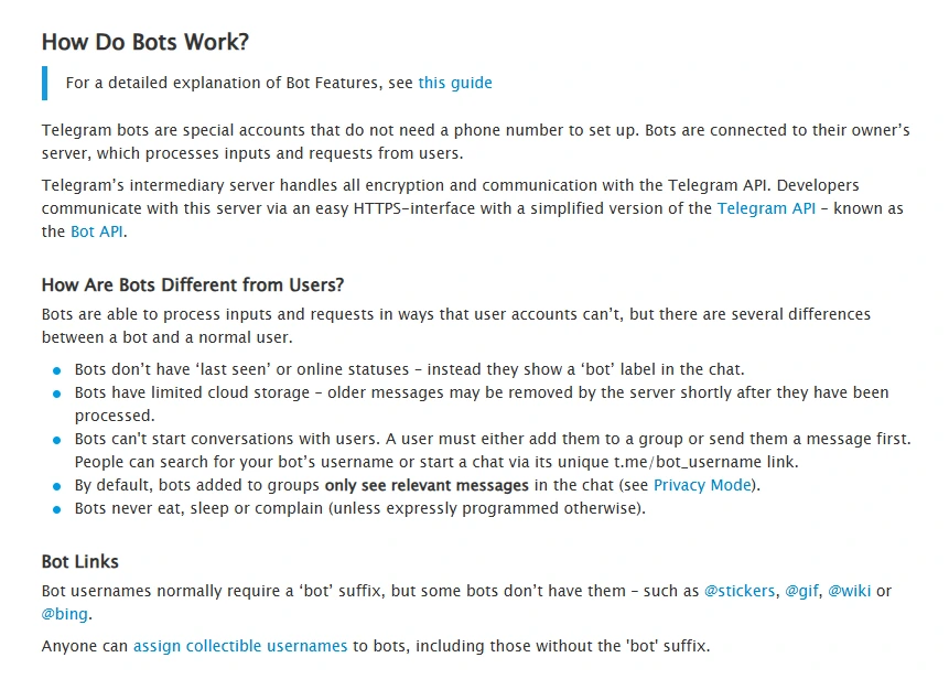 Telegram documentation screenshot explaining that bots cannot start conversations with users first