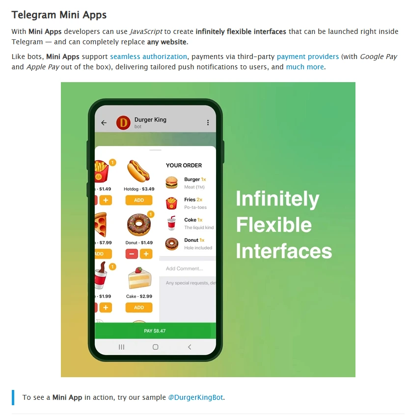 Telegram Mini Apps documentation screenshot showing that Mini Apps can replace a website with richer interfaces