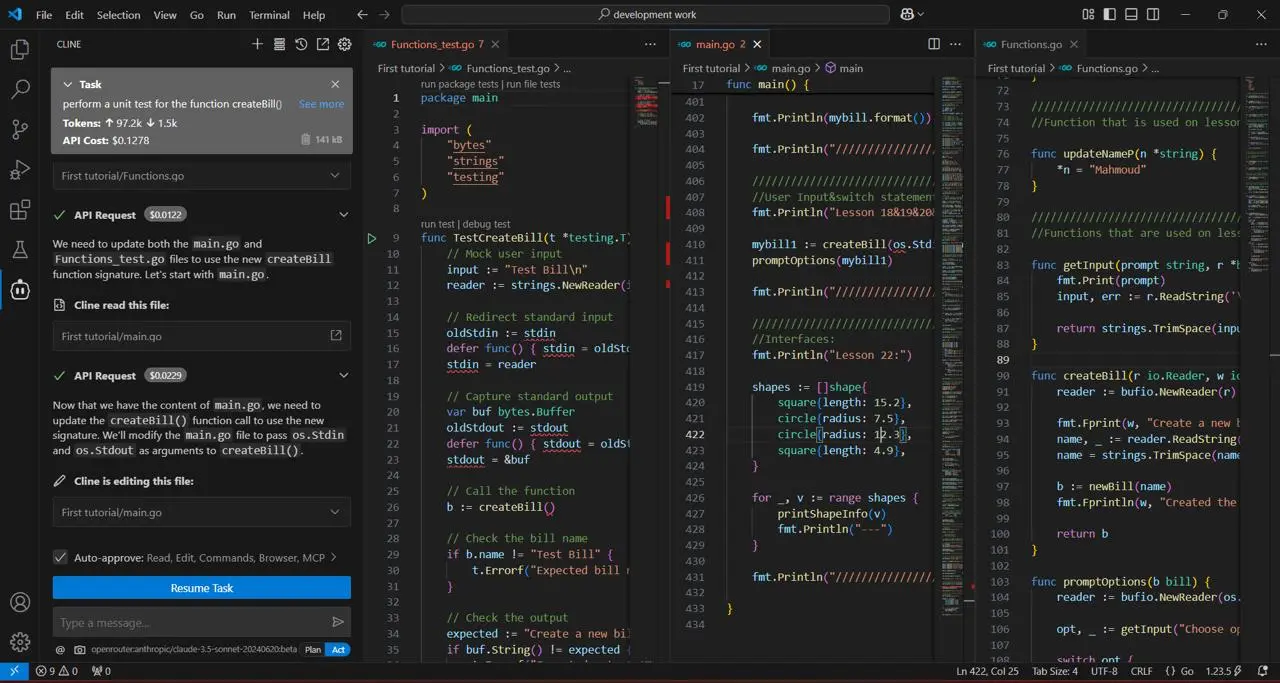 Cline task workflow inside VS Code showing files, commands, or agent actions