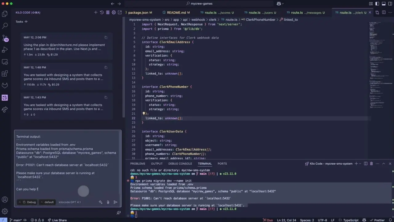 Kilo Code extension inside VS Code showing parallel agent tabs or tasks