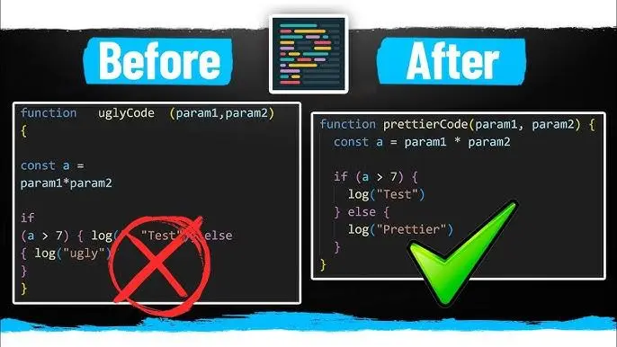 Prettier extension page or formatted code before and after in VS Code
