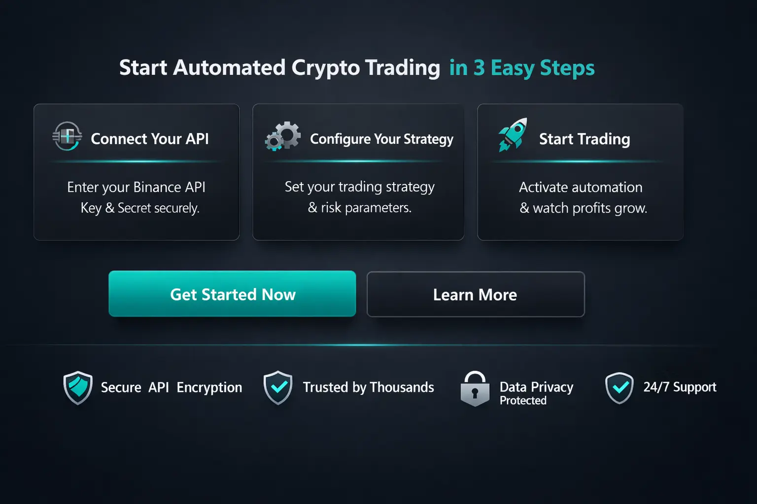 Conversion section for onboarding to Binance trading bot platform