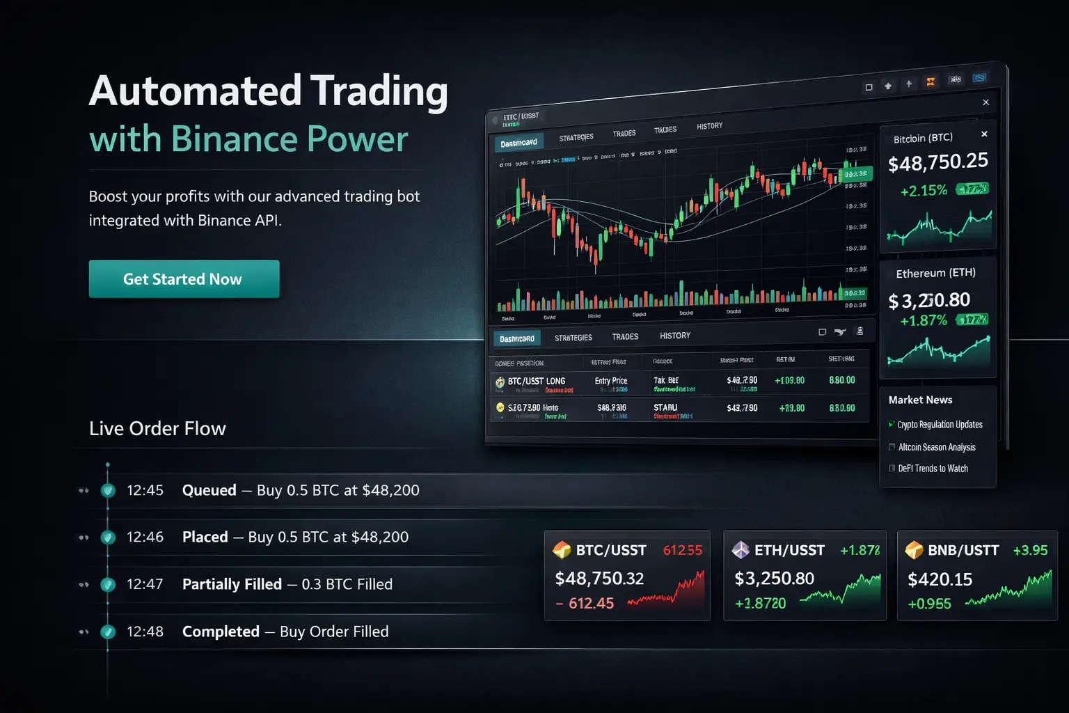 Crypto platform homepage with Binance bot value proposition